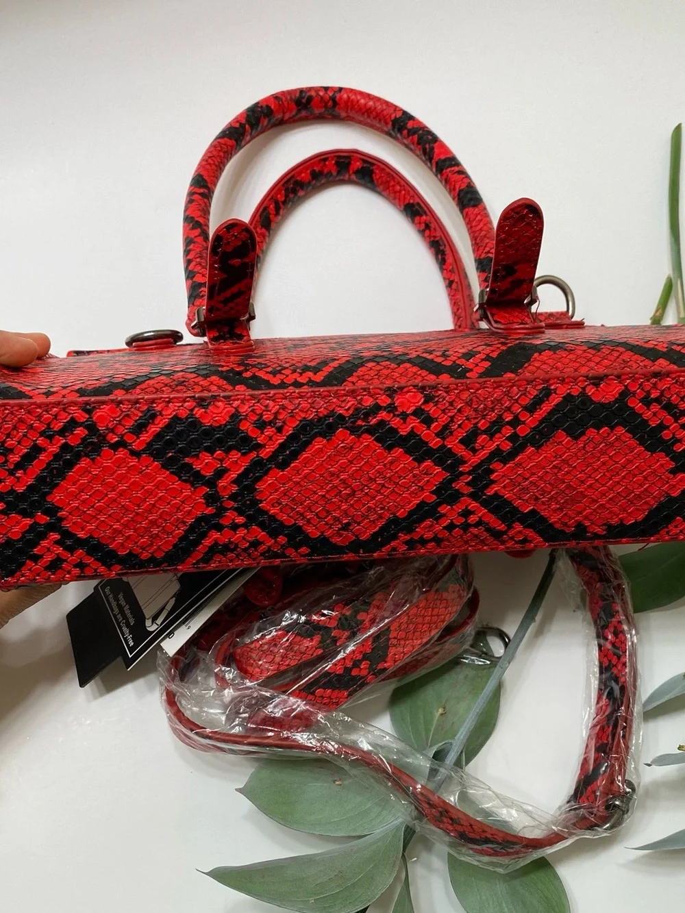 Ed Hardy Red and Black Snake-Print Top Handle Satchel